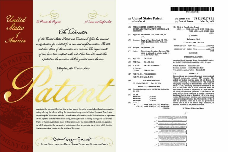 U.S. Patent No. 12,582,374 B2 for personalized AI-guided motion-gated coronary CTA scanning systems and methods, invented by Dr. Subhi Al’Aref and Dr. Kedar Jambhekar.
